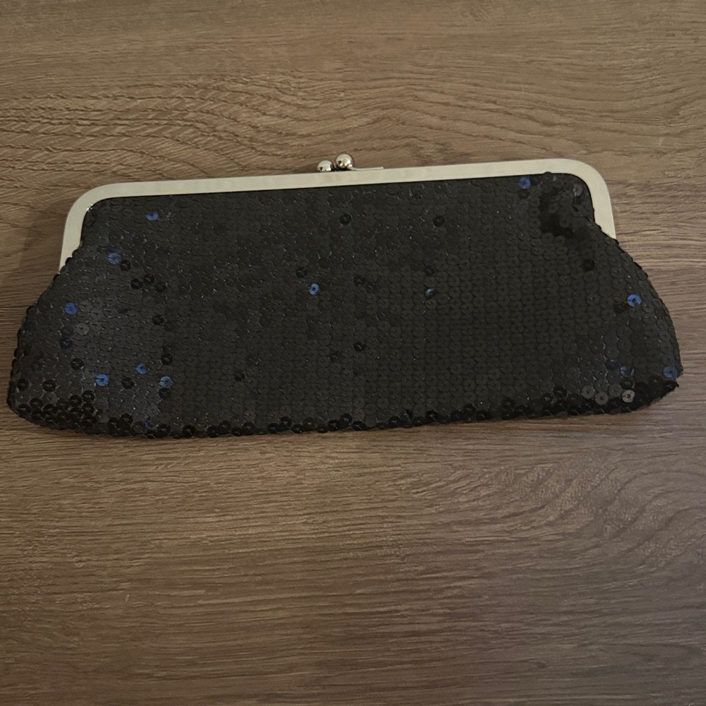 LOFT Black Satin Clutch with Silver Accents
